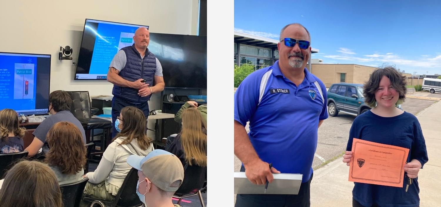 Driver Ed Classroom and a Driving Instructor and Student who just passed their Colorado Driver's License Test.